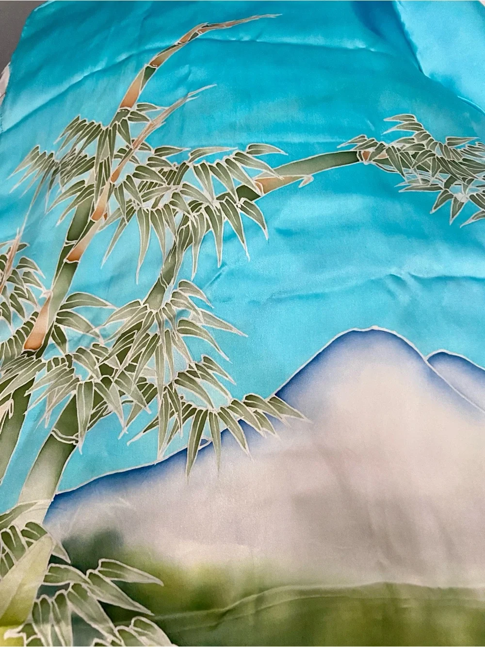Sajen 100%Silk Scarf with Tropical Scene , Blues and Greens 20 1/2 x 75”